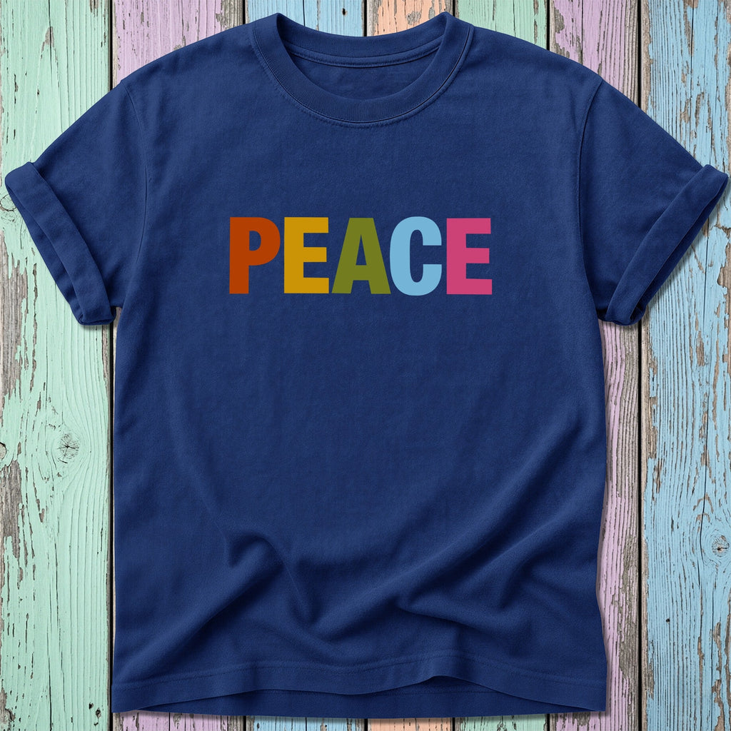 Navy t-shirt with "PEACE" in colorful block letters.