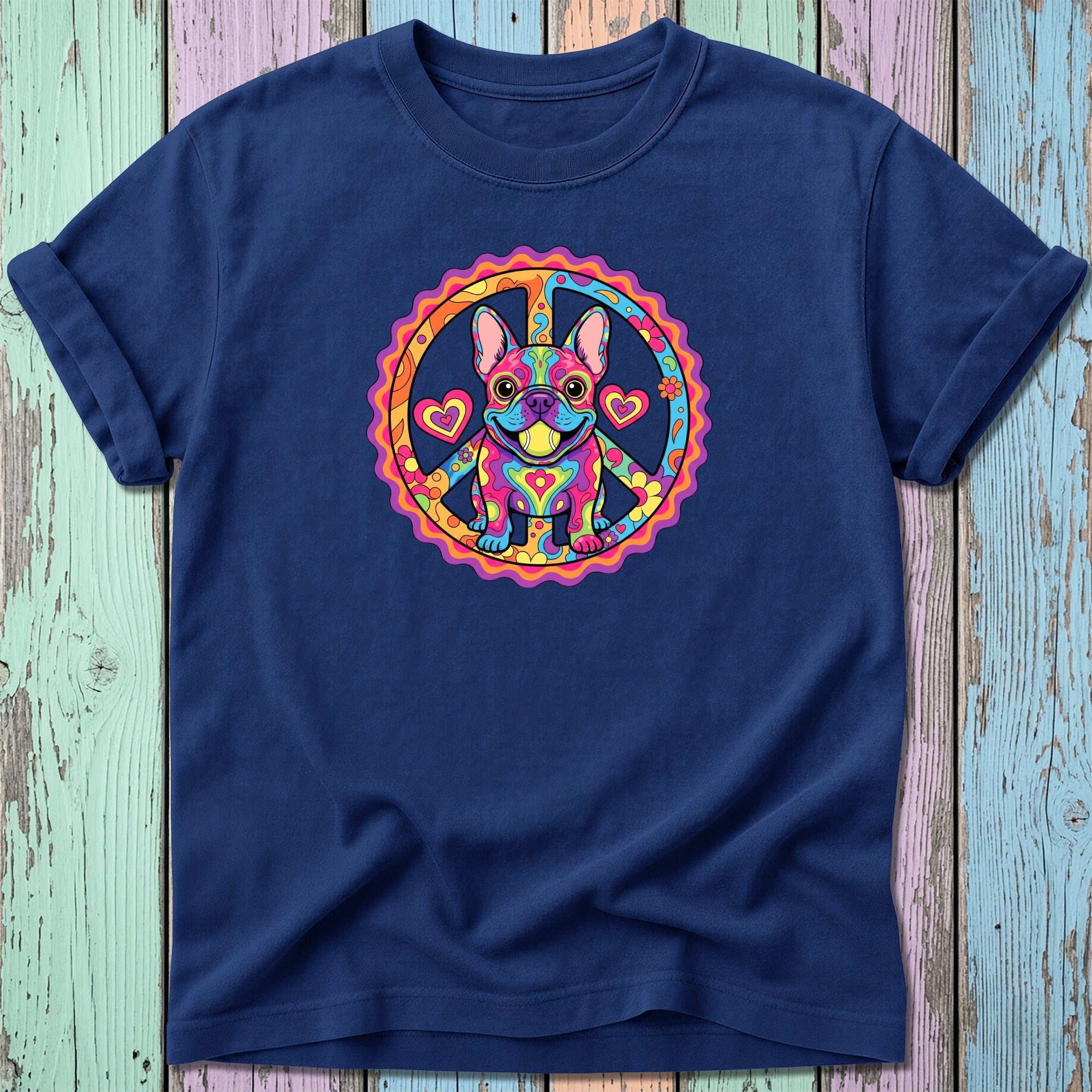 Navy t-shirt with colorful French bulldog peace sign graphic.