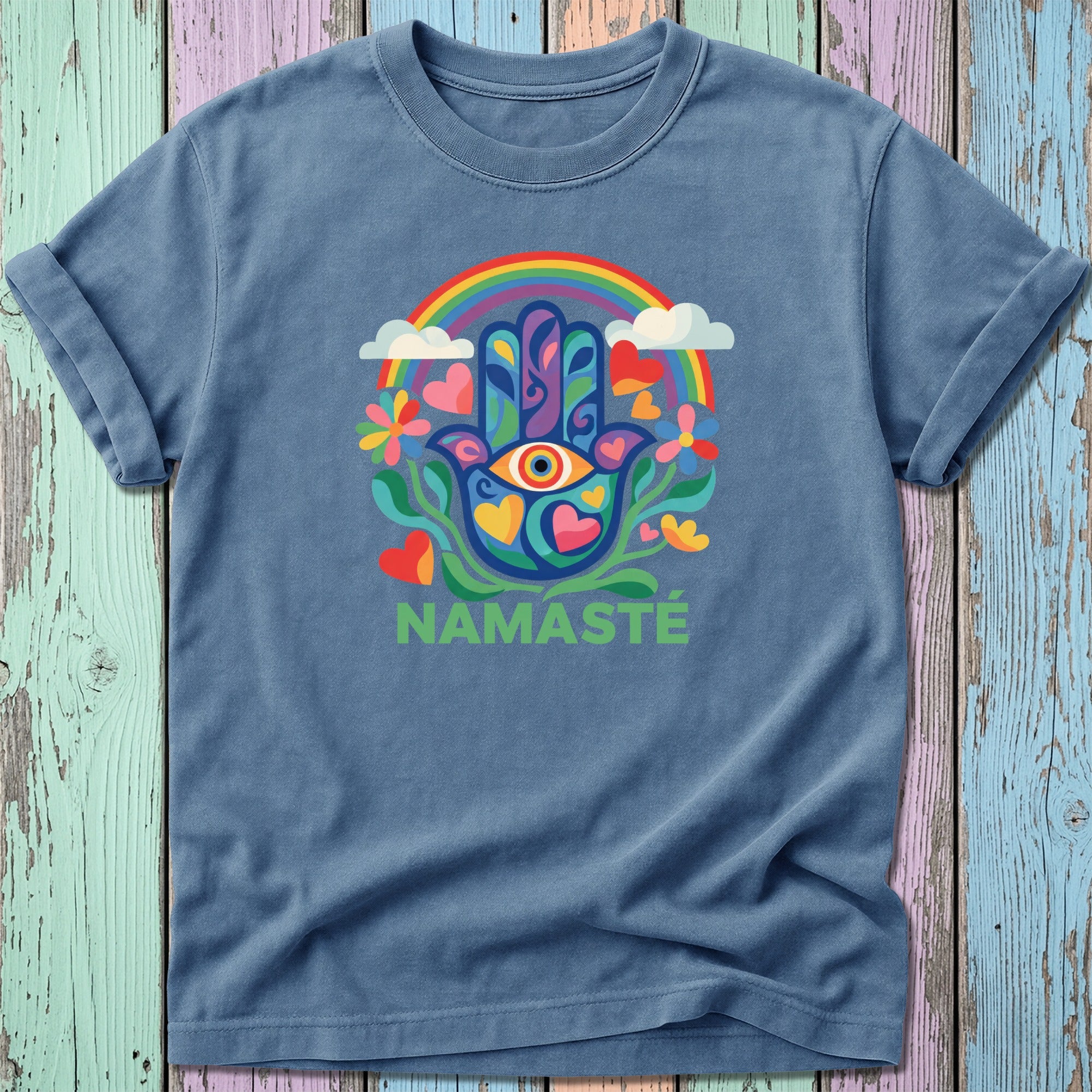Blue t-shirt with colorful Hamsa hand design and "Namaste" text.