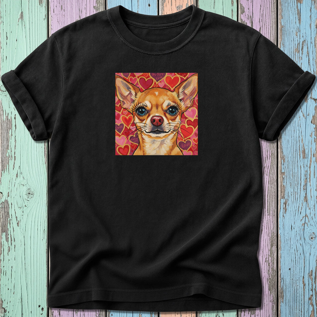 Black t-shirt with a chihuahua portrait surrounded by hearts.