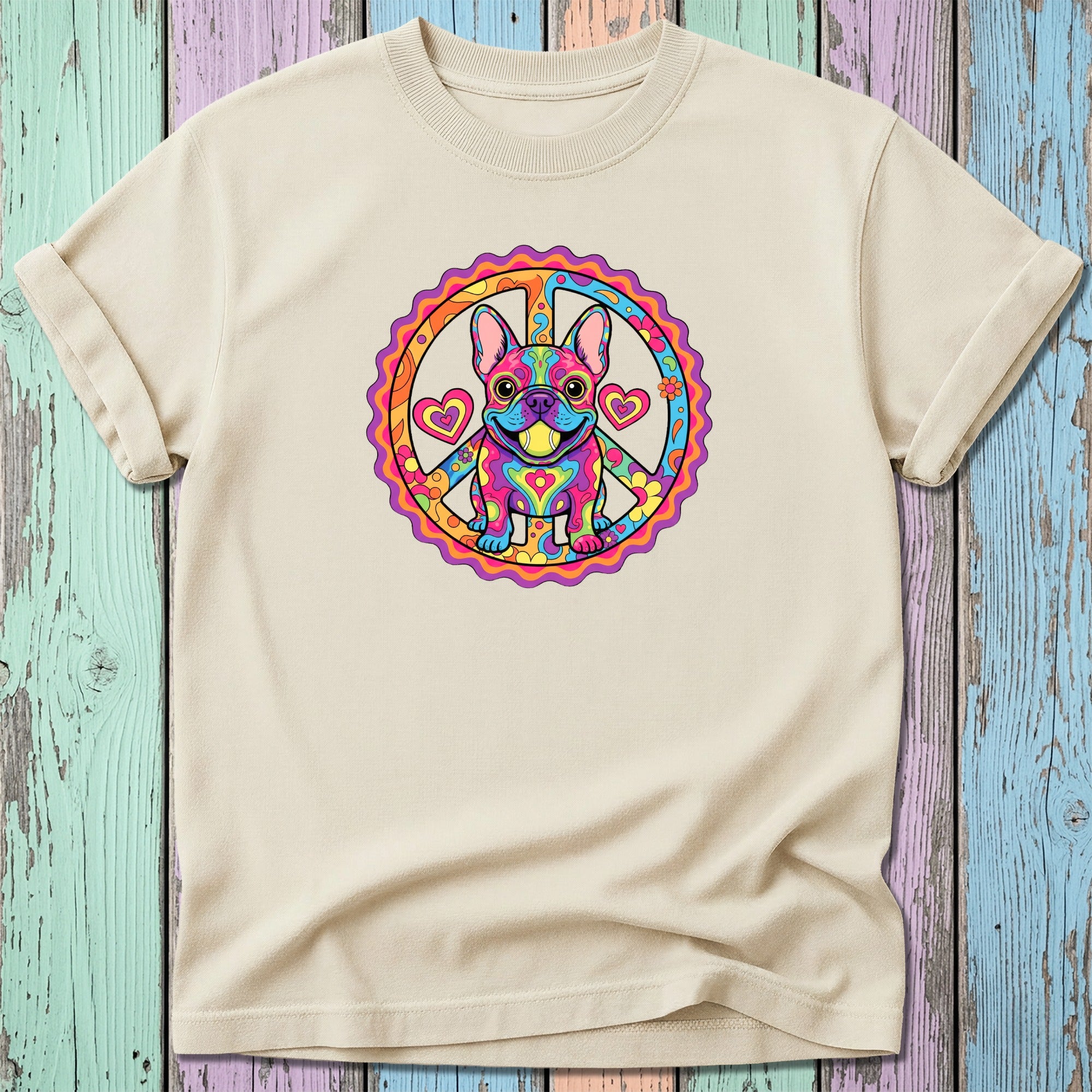 Cream t-shirt with colorful French bulldog inside a peace sign graphic.