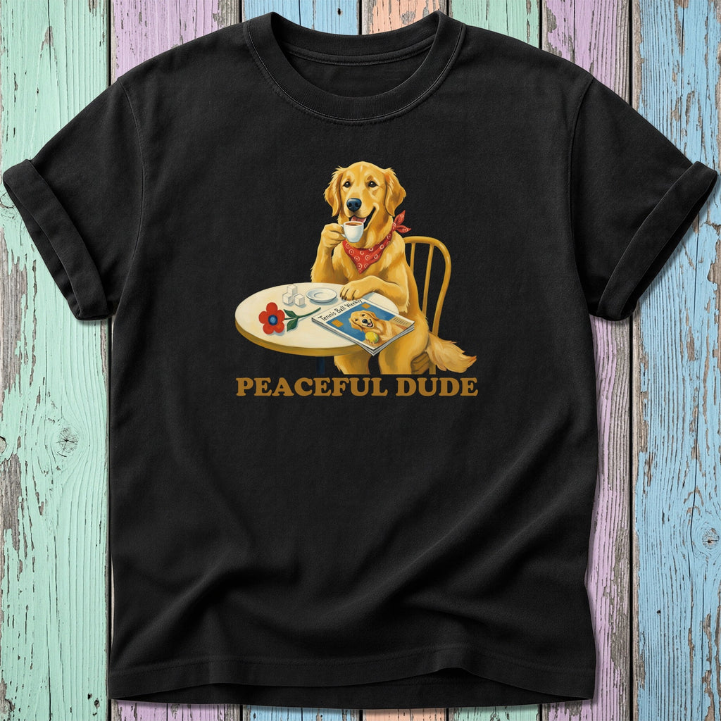 Golden Retriever wearing bandana, drinking coffee, reading "Peaceful Dude" magazine.