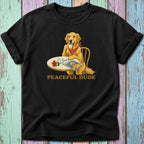 Golden Retriever wearing bandana, drinking coffee, reading "Peaceful Dude" magazine.