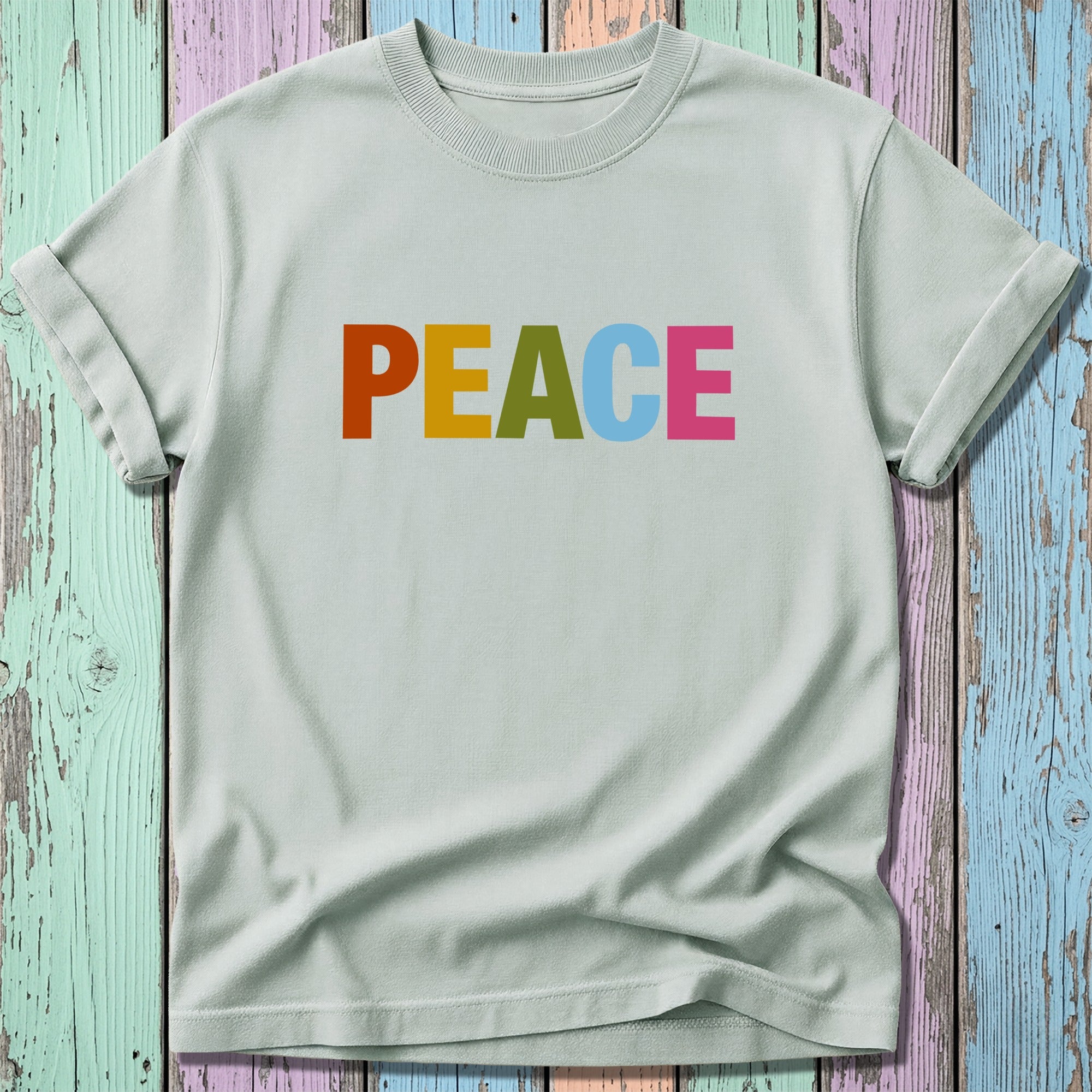 Light gray t-shirt with colorful "PEACE" text across the chest.