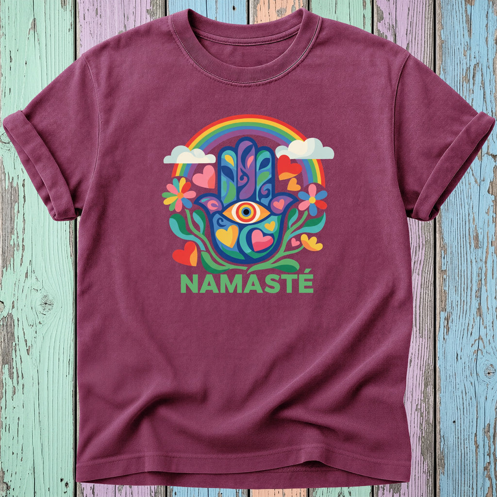 Maroon t-shirt with rainbow, Hamsa hand, and "Namaste" text.