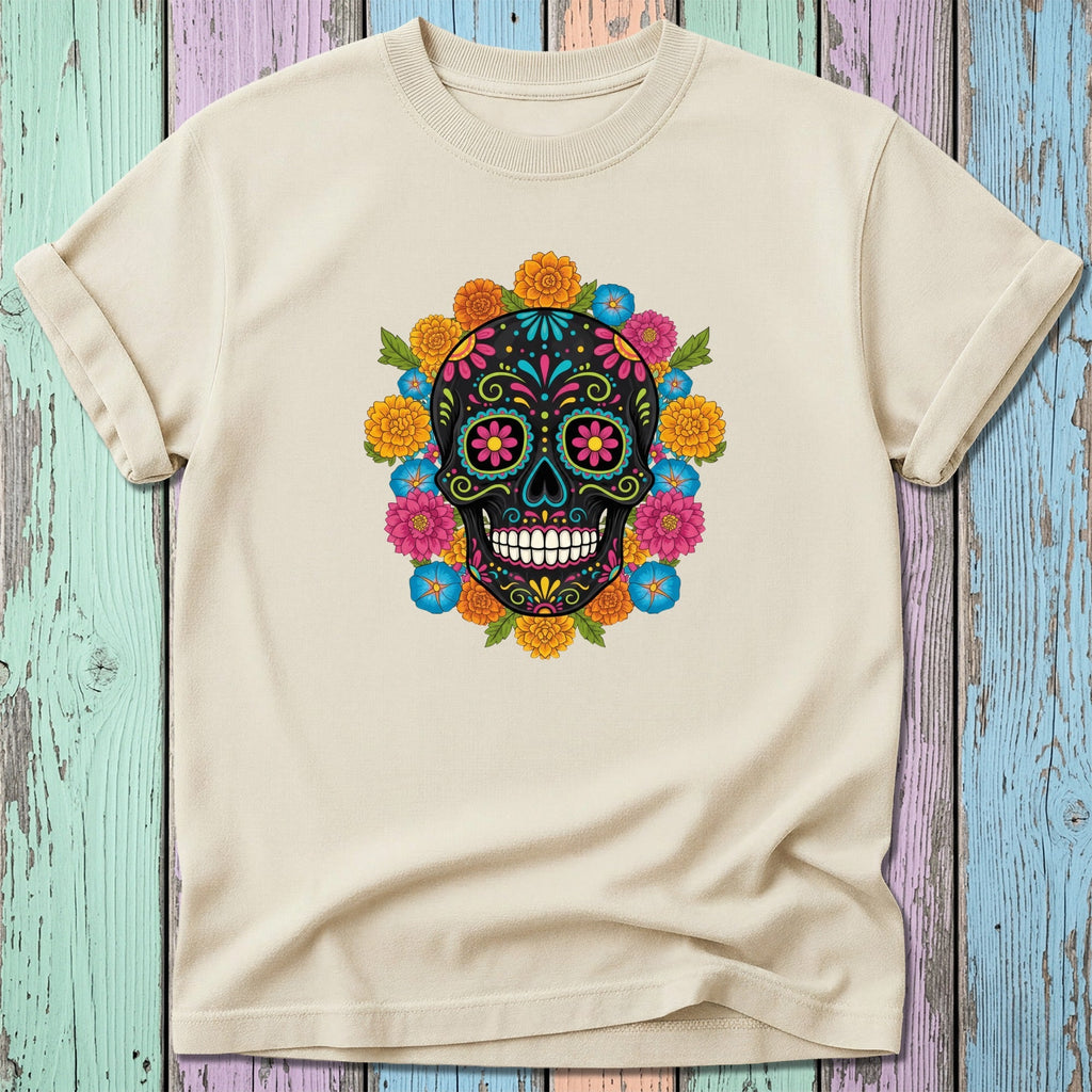 Cream t-shirt with colorful floral sugar skull graphic.