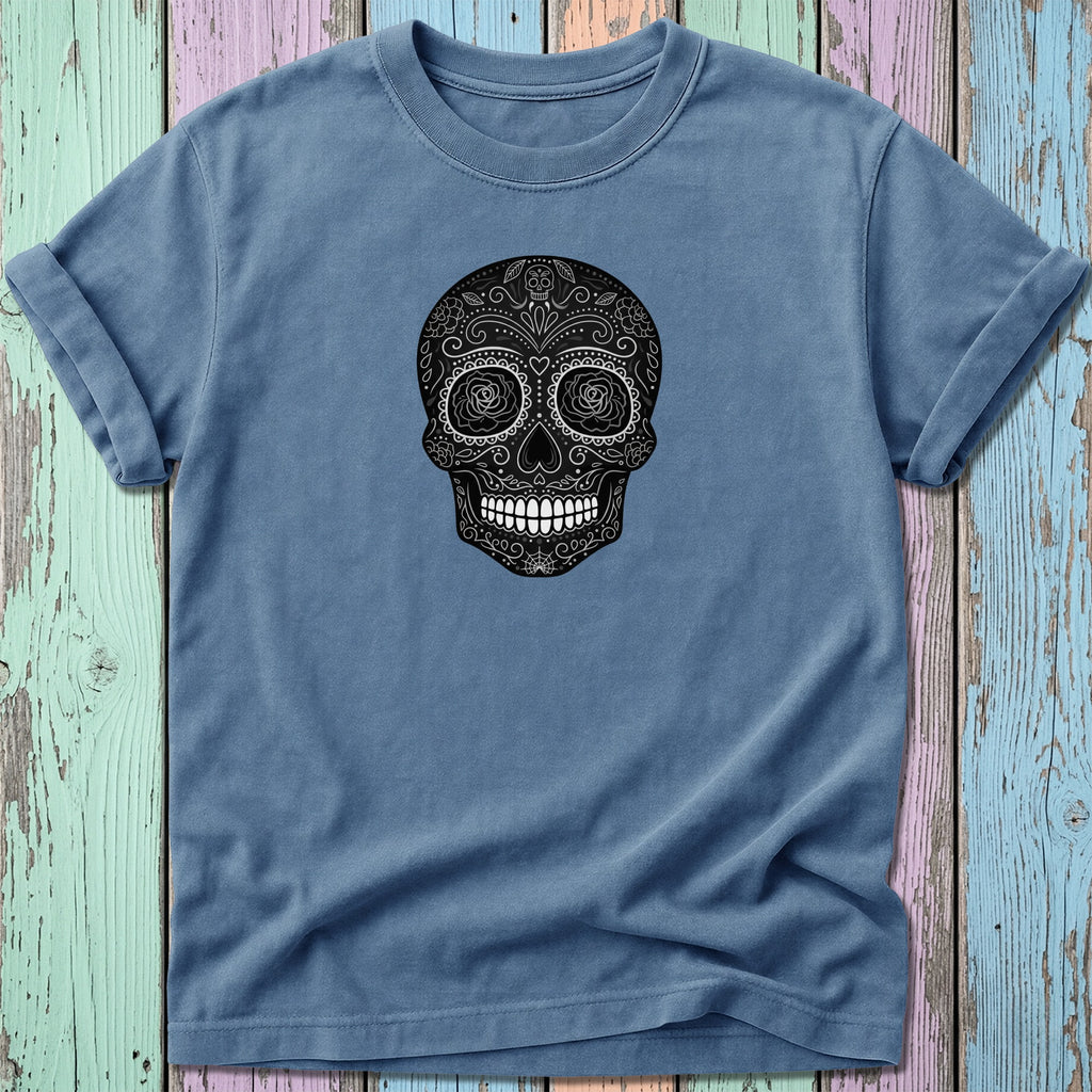 Blue t-shirt with a black and white ornate sugar skull graphic.