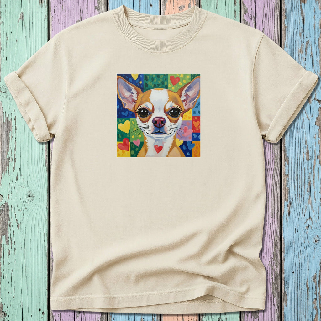 Chihuahua portrait with colorful heart background on a cream t-shirt.