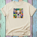 Chihuahua portrait with colorful heart background on a cream t-shirt.