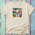 Chihuahua portrait with colorful heart background on a cream t-shirt.