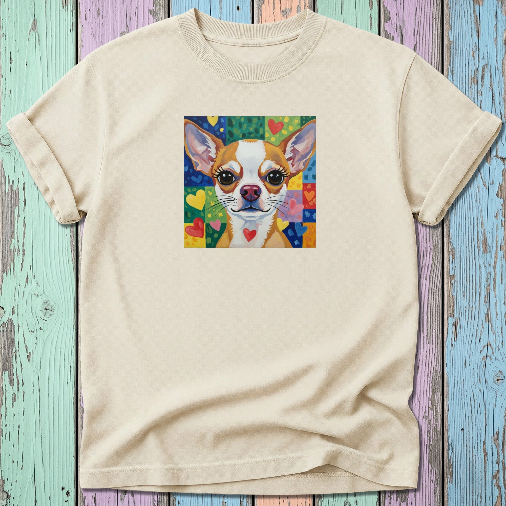 Chihuahua portrait with colorful heart background on a cream t-shirt.