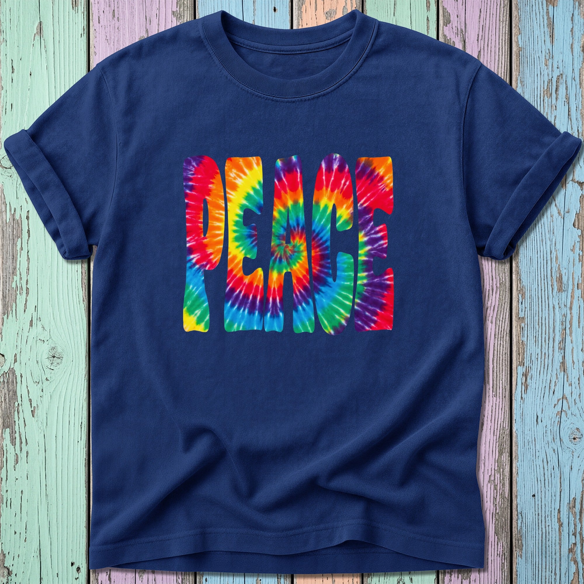 Navy blue t-shirt with "PEACE" in a colorful tie-dye font.