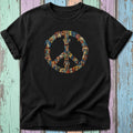 Black t-shirt with a colorful peace sign made of dog faces.