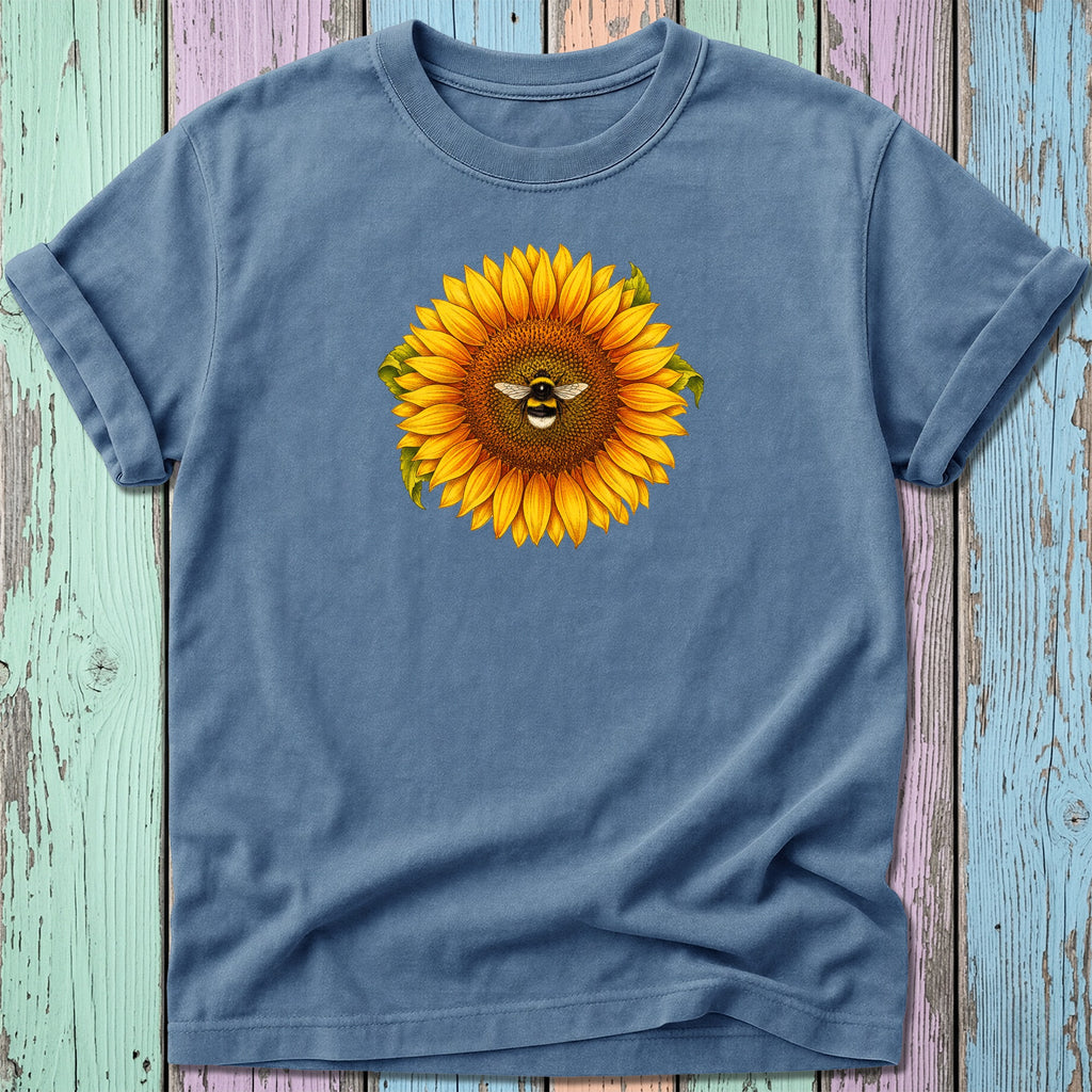 Blue t-shirt with a sunflower and bee graphic.