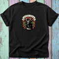 Black t-shirt with a "Good Luck" design featuring a black cat, shamrocks, and flames.