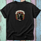 Black t-shirt with a "Good Luck" design featuring a black cat, shamrocks, and flames.