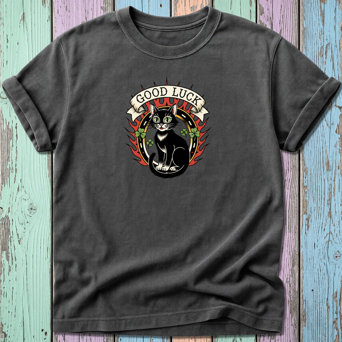 Black cat with shamrocks and "Good Luck" text on a dark grey t-shirt.