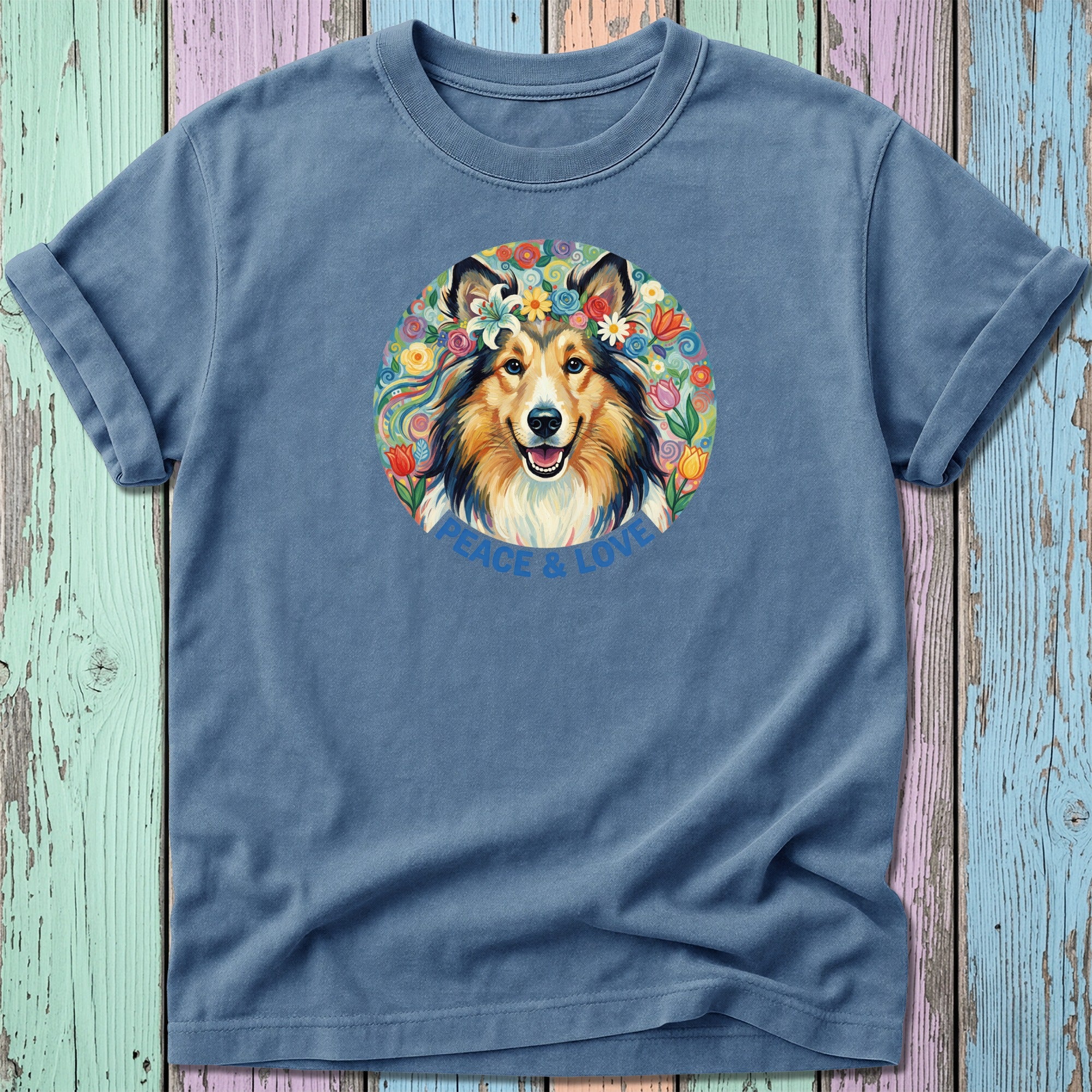 Sheltie dog wearing flower crown with "Peace & Love" text.