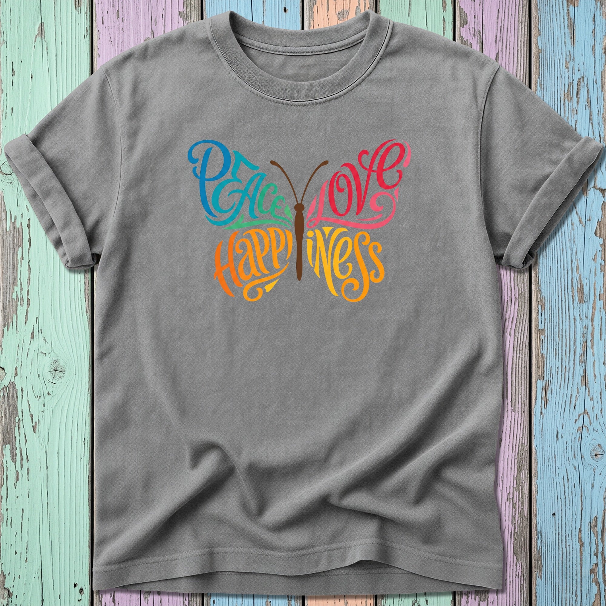Gray t-shirt with colorful butterfly graphic spelling out "Peace Love Happiness".