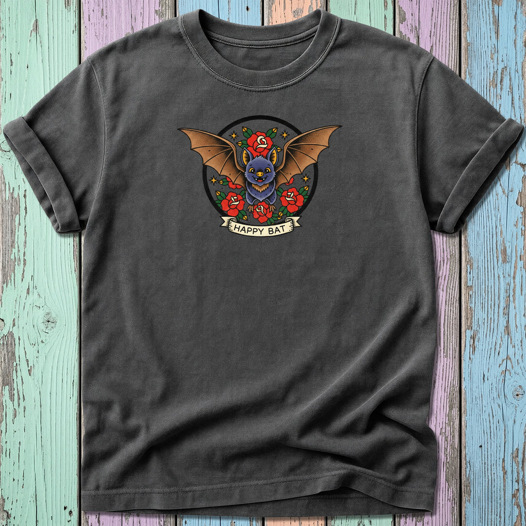 Black t-shirt with a round graphic of a happy bat in traditional tattoo style.