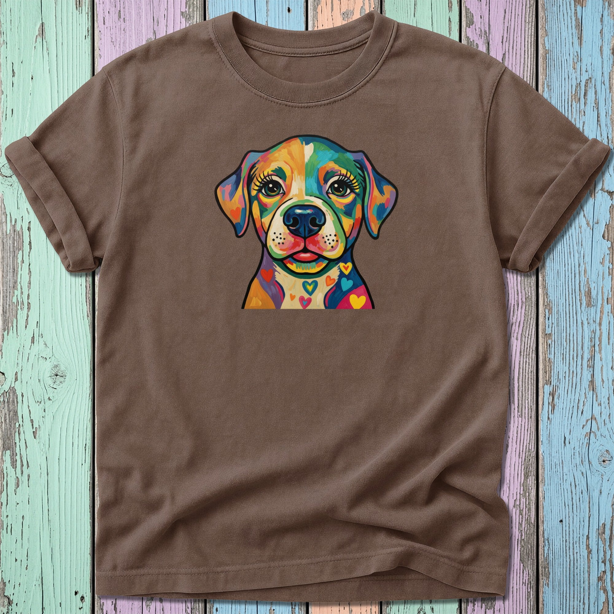 Brown t-shirt with colorful dog face design and hearts.