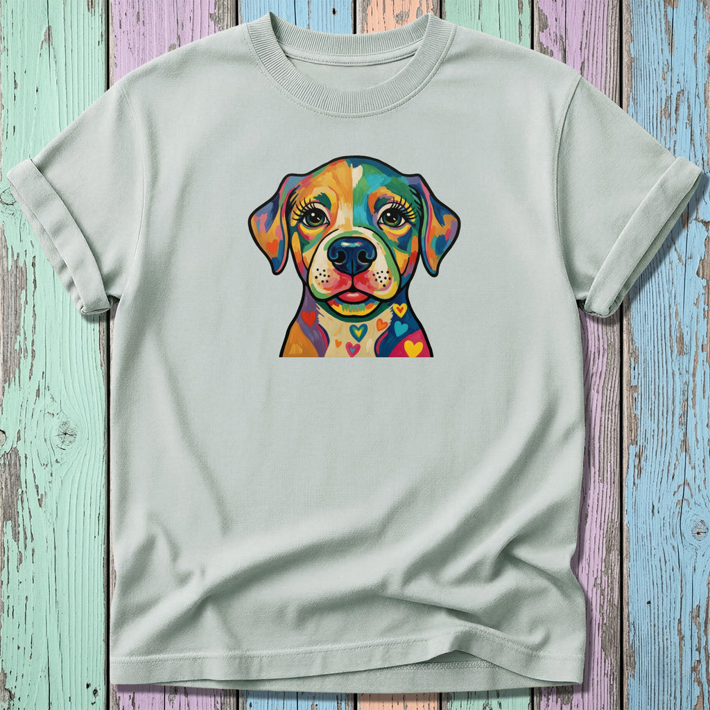 Colorful watercolor dog portrait with hearts on a light gray t-shirt.