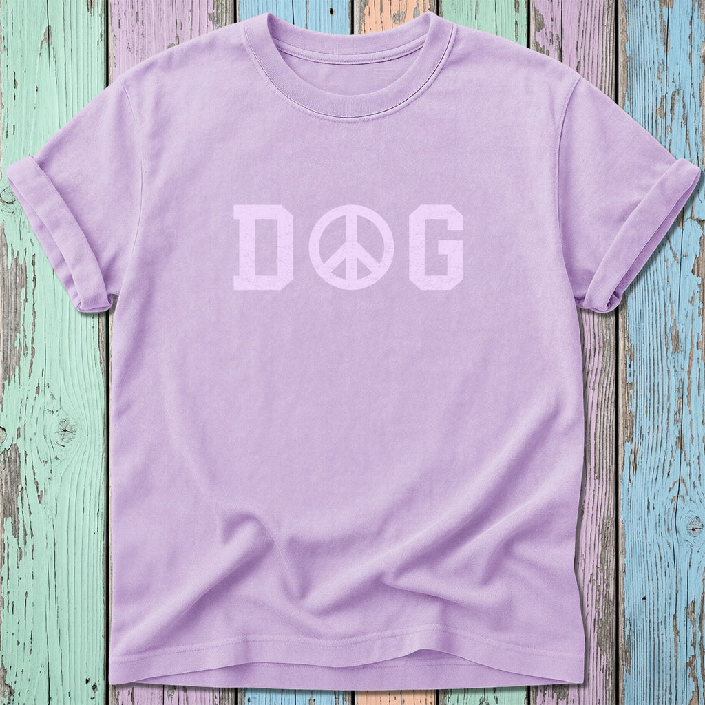 Lilac t-shirt with "DOG" in a peace sign graphic.