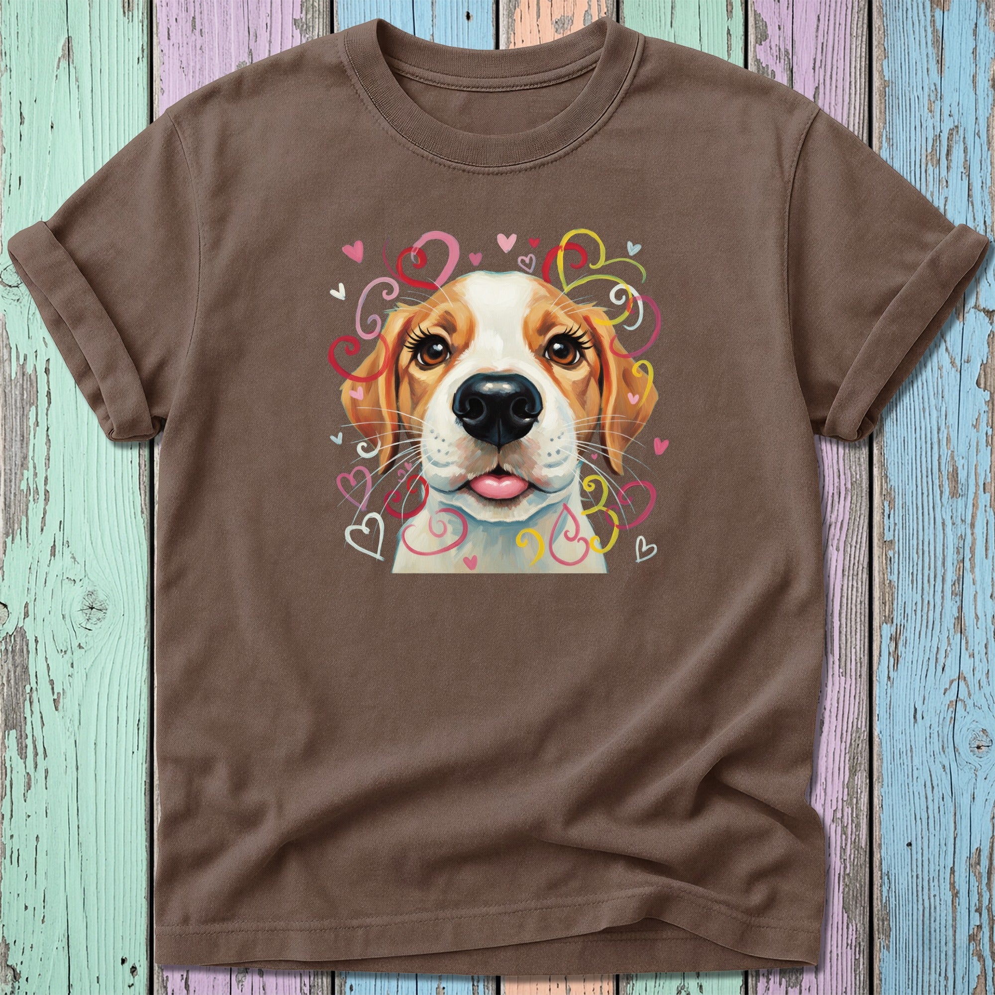 Brown t-shirt with a watercolor beagle wearing heart-shaped swirls.