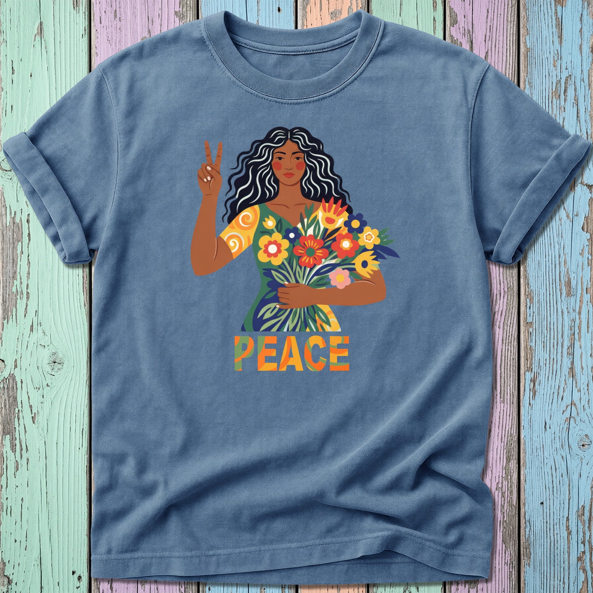 T-shirt with woman holding flowers, making peace sign, and "PEACE" text.