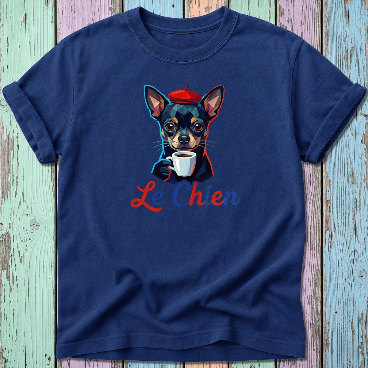 Chihuahua in a beret holding coffee with "Le Chien" text on a navy t-shirt.