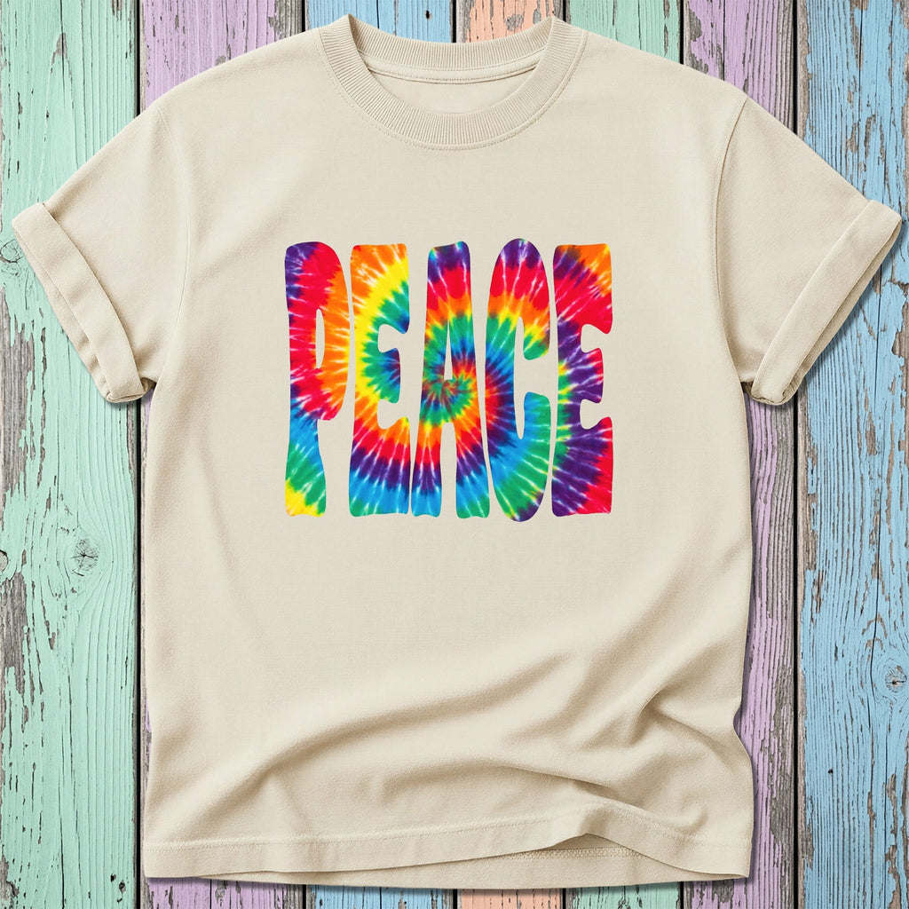 Cream t-shirt with colorful tie-dye "PEACE" graphic.