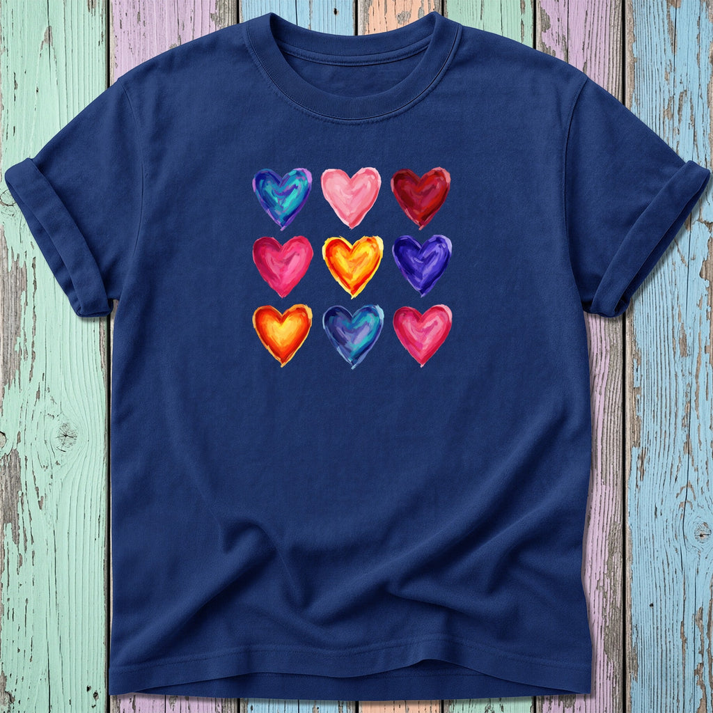 Dark blue t-shirt featuring a grid of nine colorful watercolor hearts.
