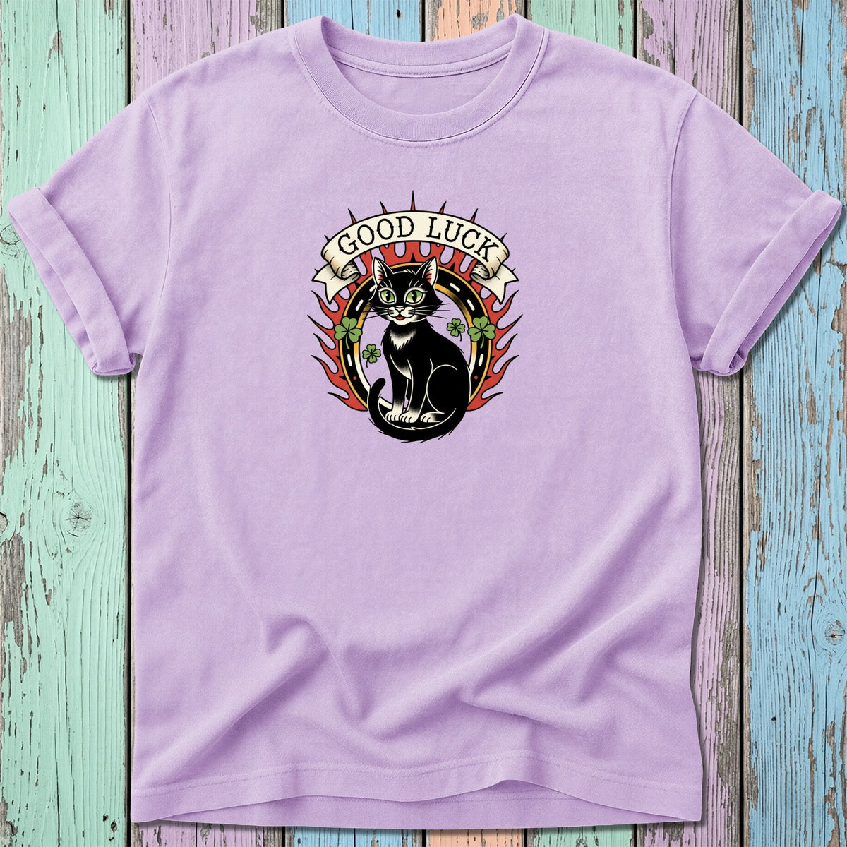T-shirt with a black cat, shamrocks, and "Good Luck" text within a banner.