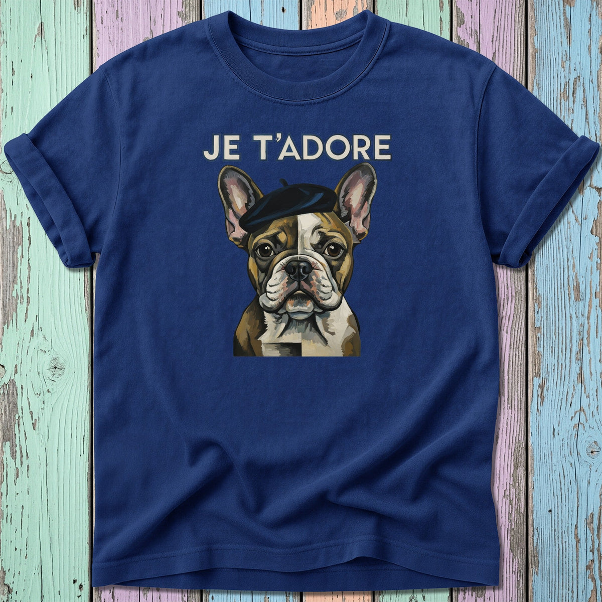 Navy t-shirt with a French bulldog wearing a beret and text "JE T'ADORE".