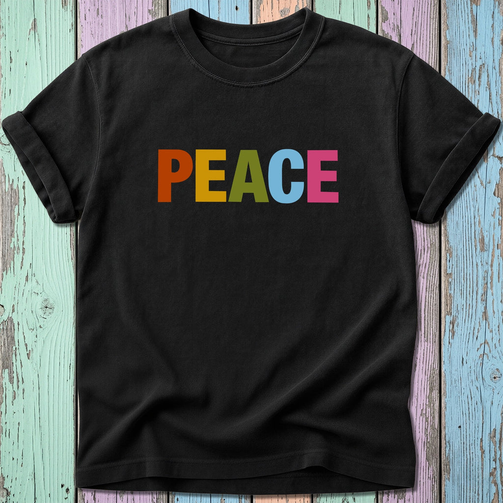 Black t-shirt with colorful "PEACE" text centered on chest.