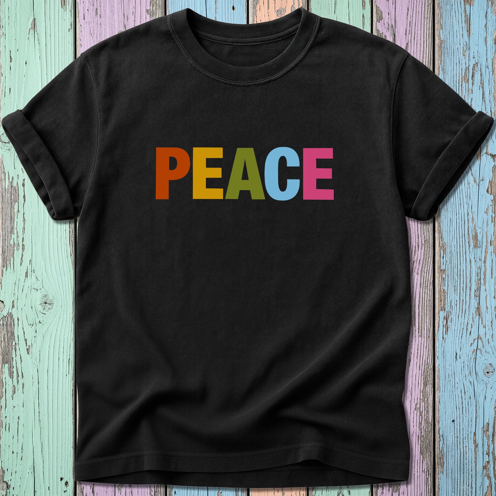 Black t-shirt with colorful "PEACE" text centered on chest.
