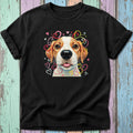 Black t-shirt with a colorful dog and heart illustration.