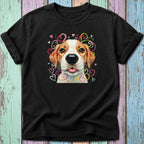 Black t-shirt with a colorful dog and heart illustration.