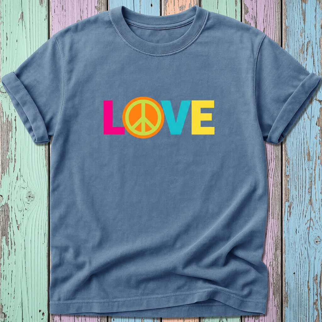 Blue t-shirt with colorful "LOVE" text and peace sign graphic.