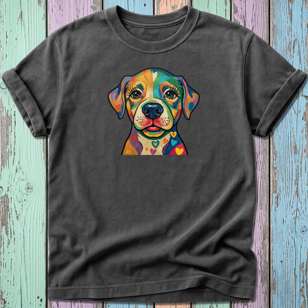 T-shirt with colorful dog portrait featuring heart accents.