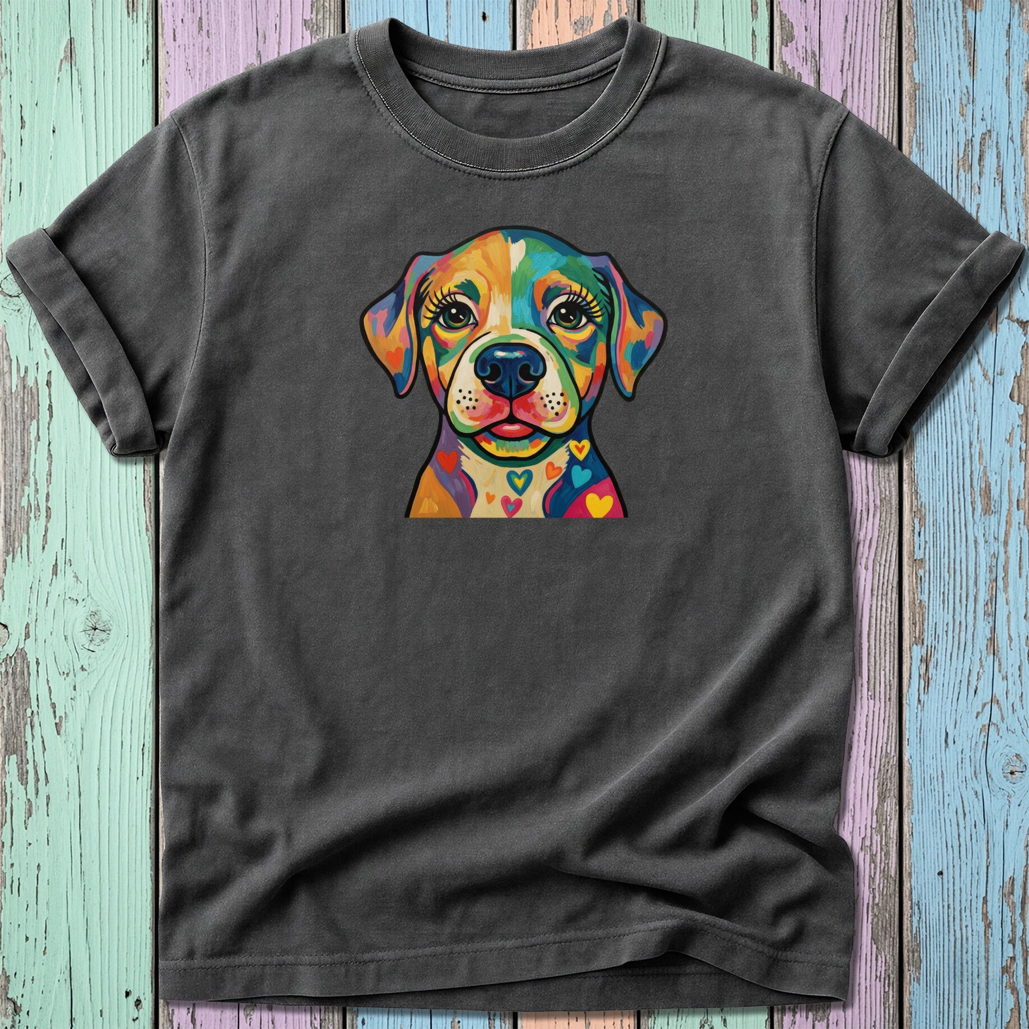 T-shirt with colorful dog portrait featuring heart accents.