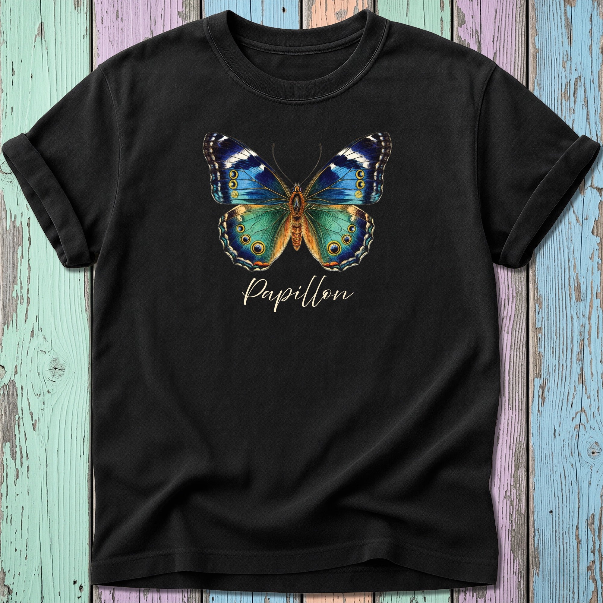 Black t-shirt with a colorful butterfly and "Papillon" text.