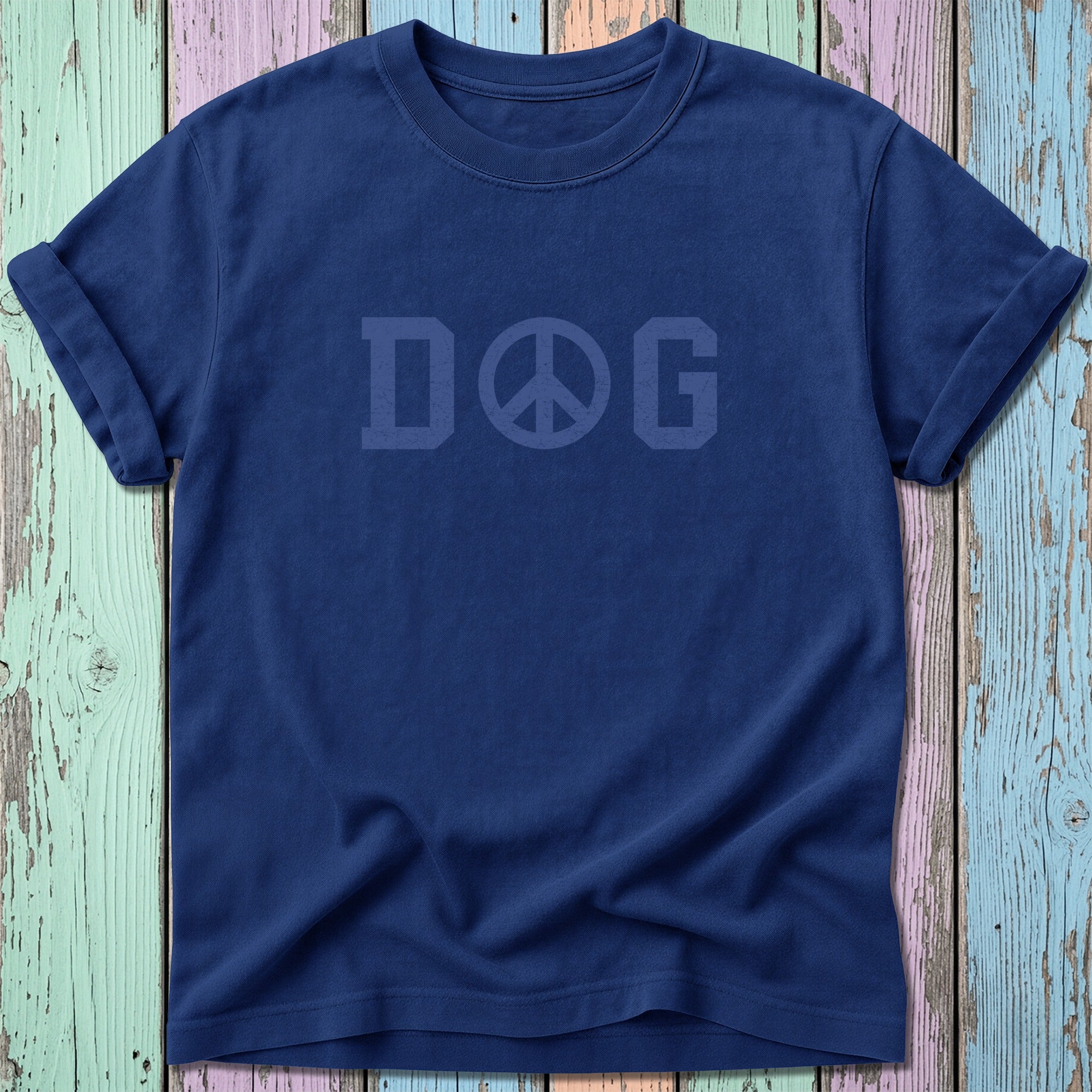 Navy t-shirt with "DOG" and peace sign graphic.