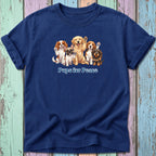 Navy t-shirt with illustration of six dogs and "Pups for Peace" text.