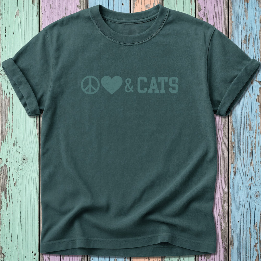 Dark teal t-shirt with peace, heart, and cats graphic.