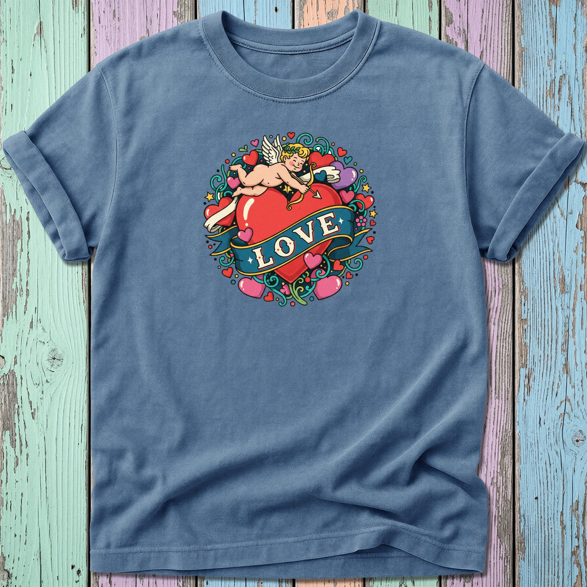 Blue t-shirt with a circular graphic of Cupid, a heart, and the word "LOVE" on a ribbon.