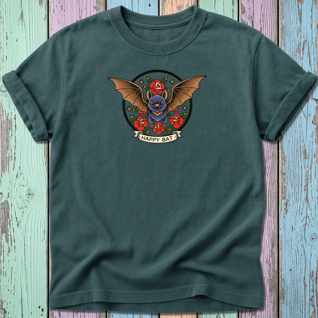 T-shirt with a circular design featuring a bat, wings spread, with roses and "Happy Bat" banner.