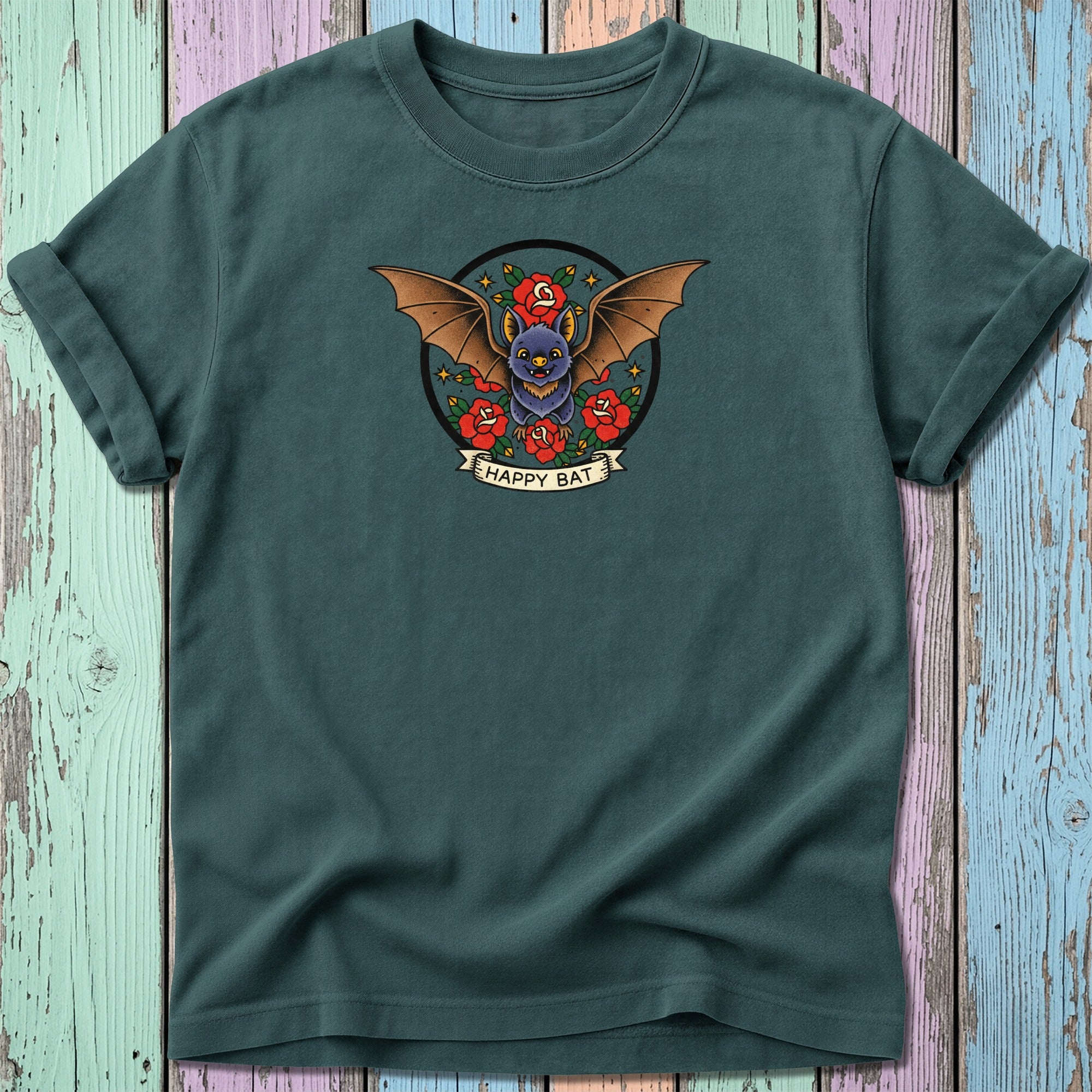 T-shirt with a circular design featuring a bat, wings spread, with roses and "Happy Bat" banner.