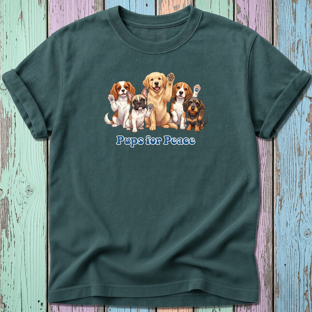 T-shirt with puppies raising paws, text "Pups for Peace"