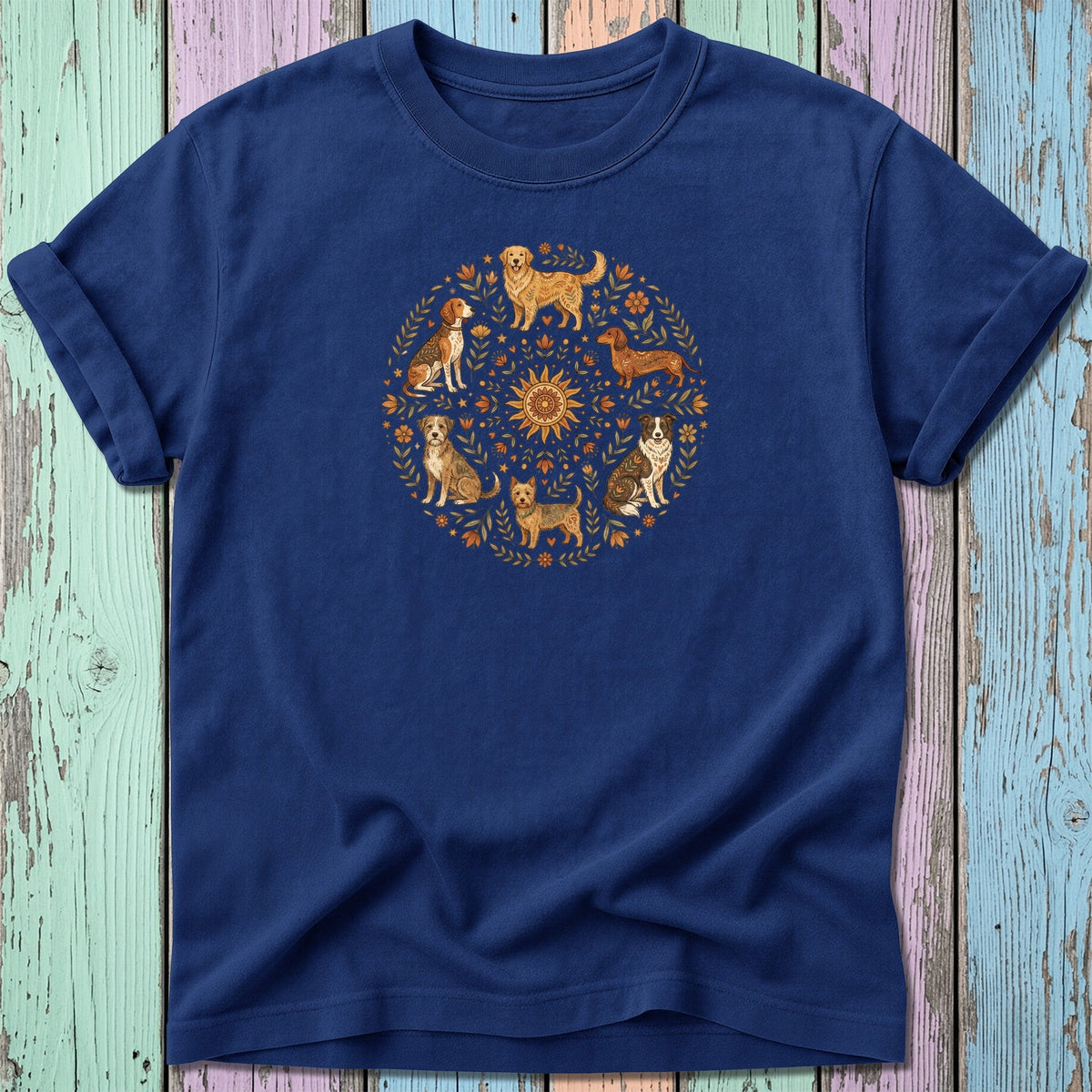 Dark blue t-shirt with a circular design of various dog breeds and floral accents.
